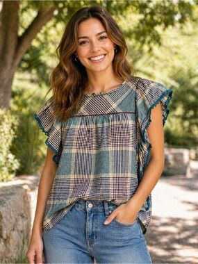 World Market womens shirt Large XL top plaid teal tan ruffle short sleeve